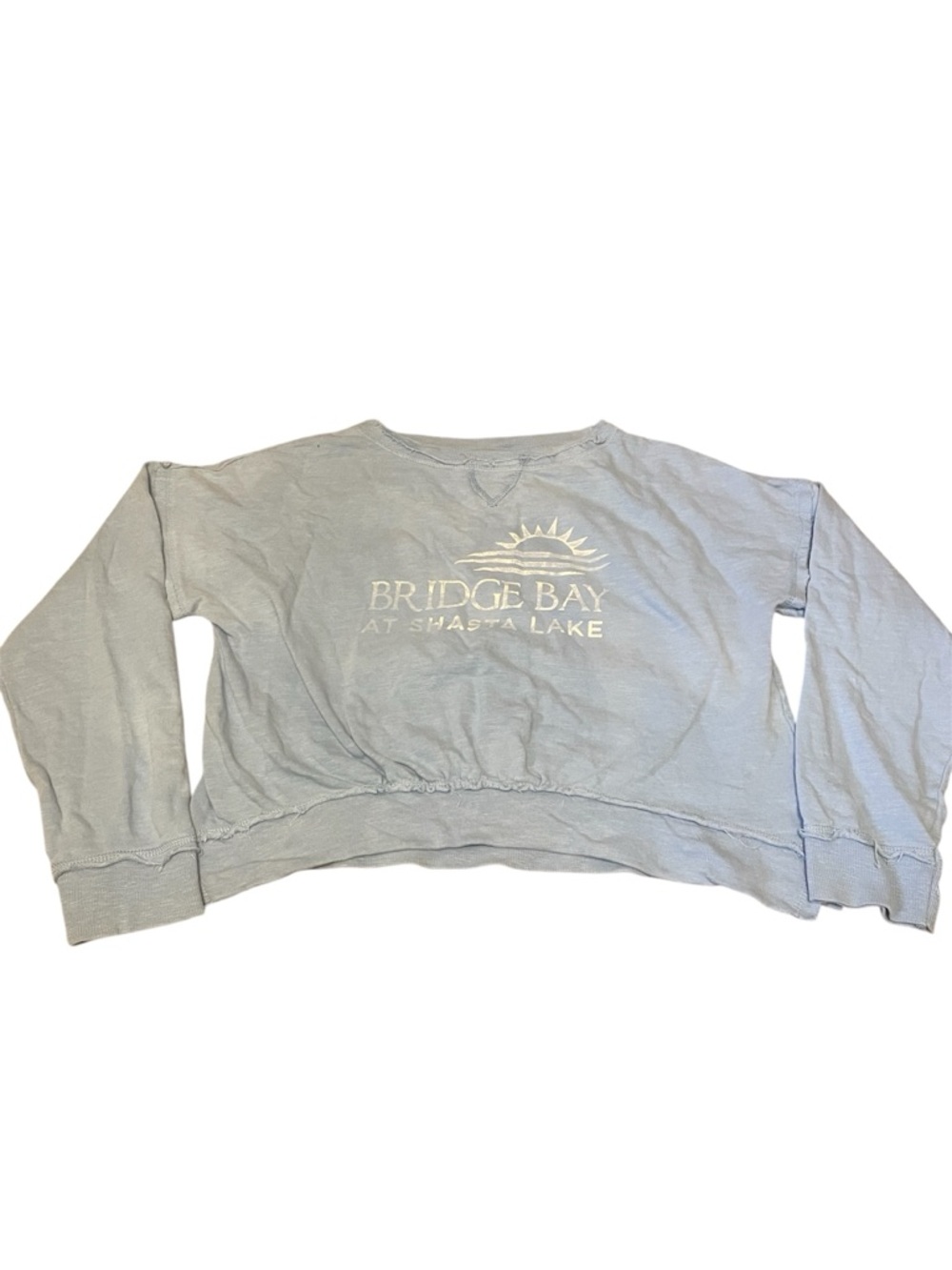 Bridge Bay At Shasta Lake Light Blue Cropped Sweatshirt Size Large EUC